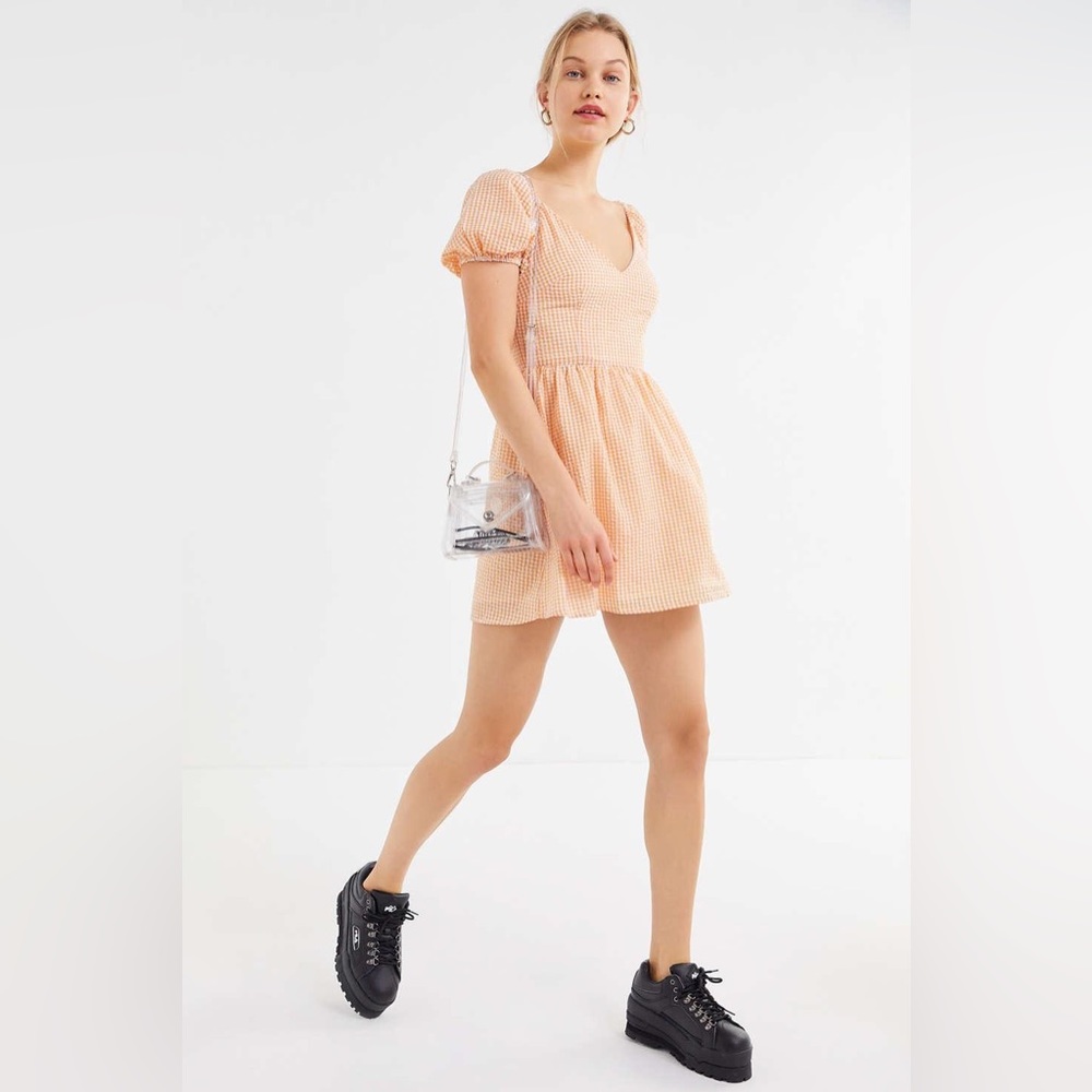 Urban Outfitters | Gingham Seersucker Mini Dress | Checkered Orange and White